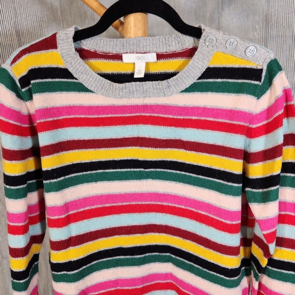 1901 $79 Large Multicolor‎ Striped Cotton Wool Crew Neck Button Shoulder Sweater - Picture 6 of 7